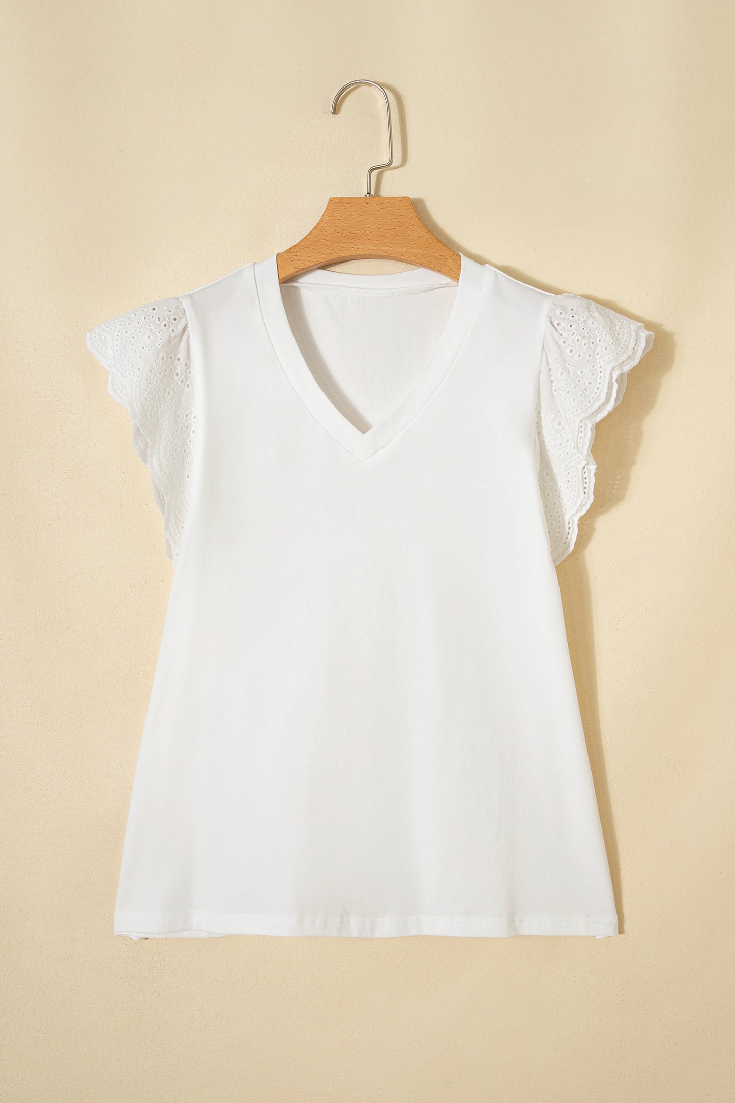 White Eyelet Embroidered Flutter Sleeve Patchwork V Neck Tee