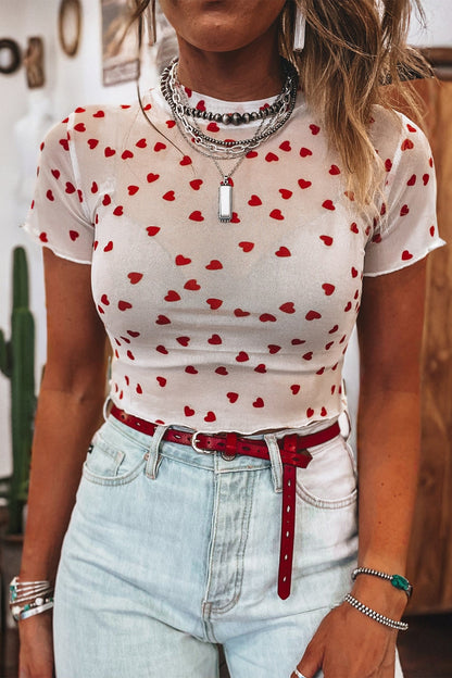 Racing Red Allover Heart Print Mesh Short Sleeve Top