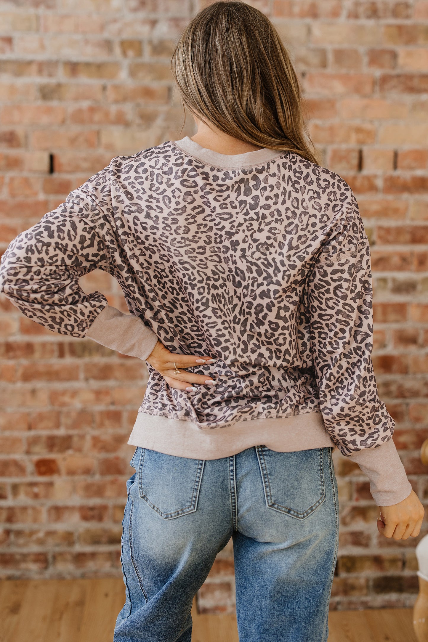 Brown Leopard Print Patchwork Crew Neck Sweatshirt