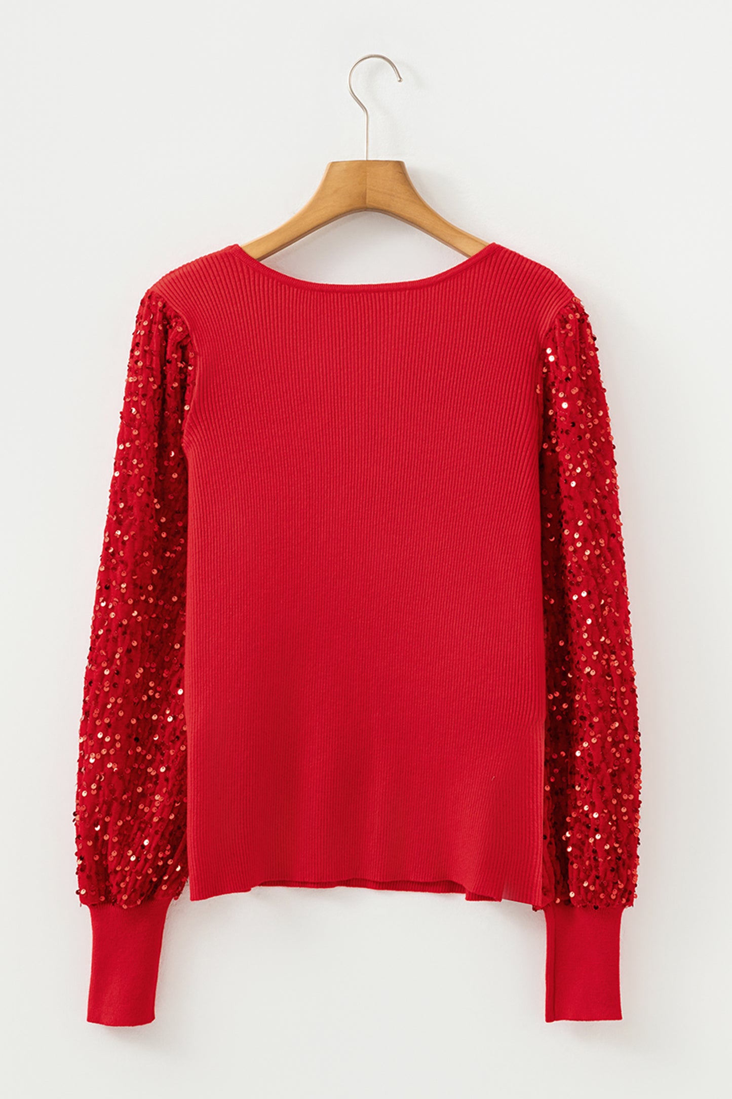 Fiery Red Sequin Sleeve Patchwork Ribbing Knit Square Neck Holiday Sweater