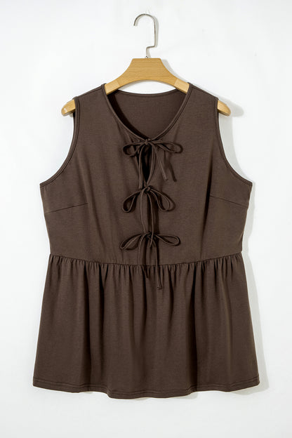 Black Plus Size Solid Color Bow Tie Peplum Tank Top