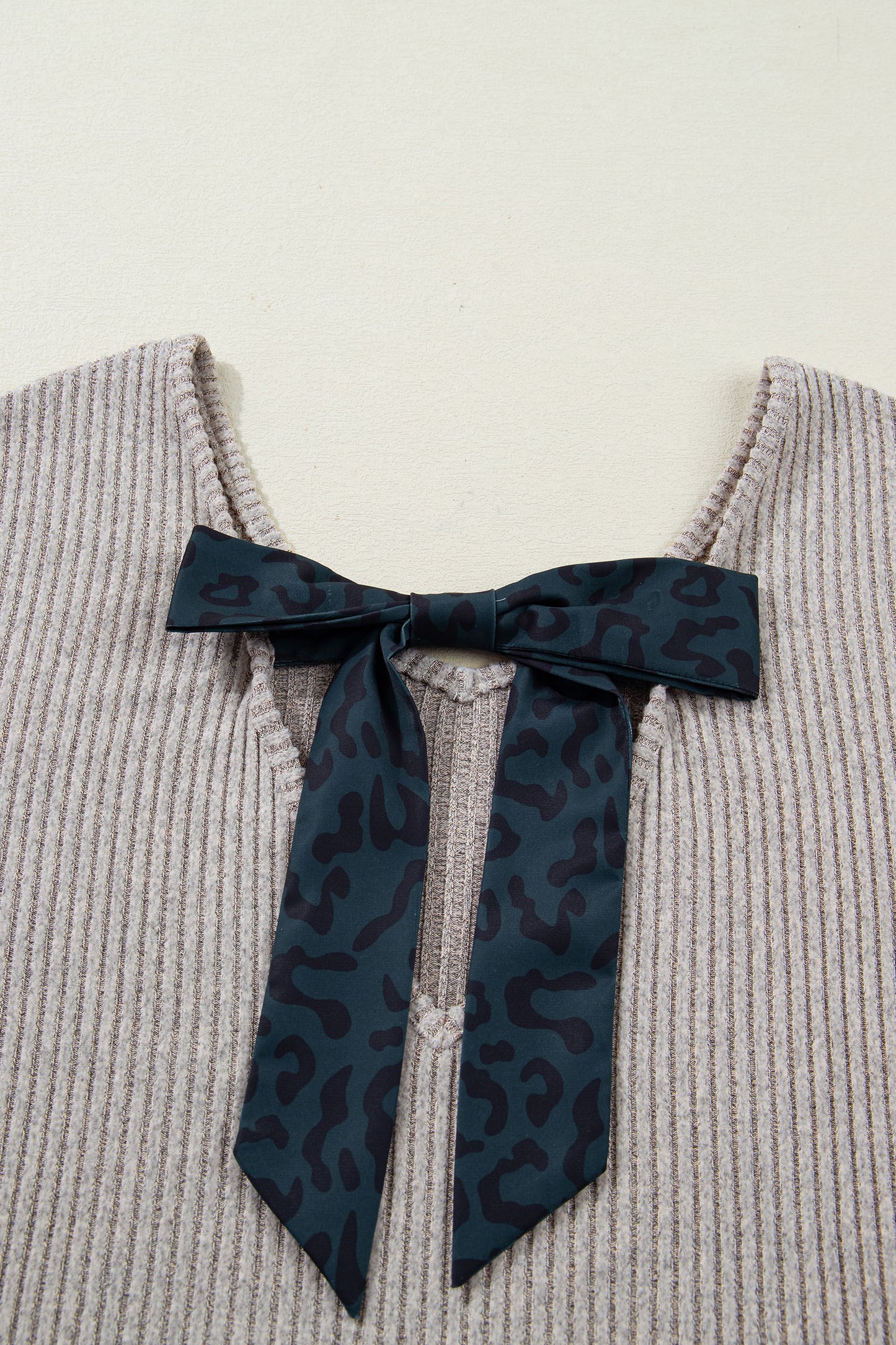 Simply Taupe Ribbed V Neck Contrast Ribbon Bow Back Drop Shoulder Long Sleeve Top