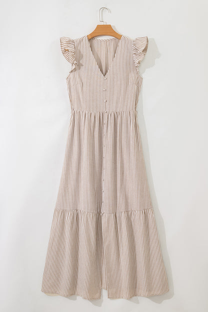 Khaki Stripe Flutter Sleeve Buttoned Front Slit Maxi Dress