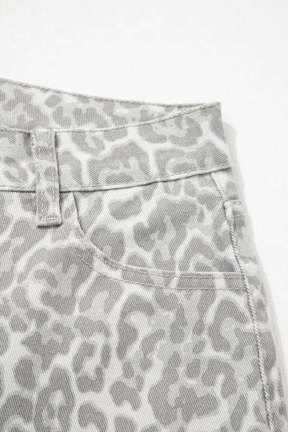 Gray Leopard Frayed Edge Wide Leg High Waist Jeans
