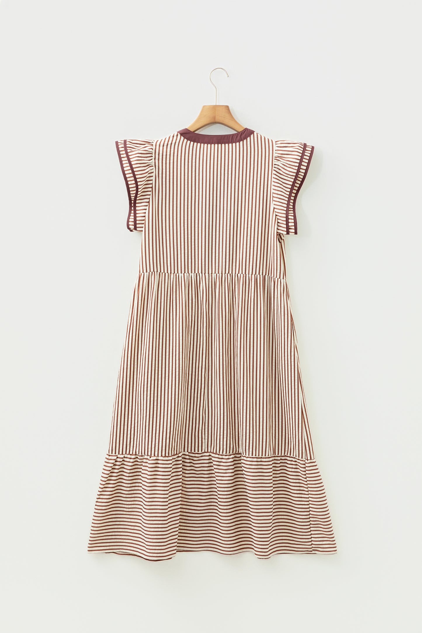Brown Stripe Double Ruffled Short Sleeve Contrast Trim V Neck Midi Dress