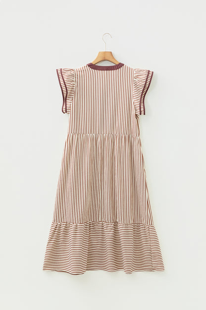 Brown Stripe Double Ruffled Short Sleeve Contrast Trim V Neck Midi Dress