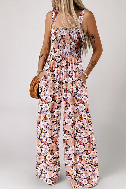 Green Floral Print Smocked High Waist Square Neck Jumpsuit