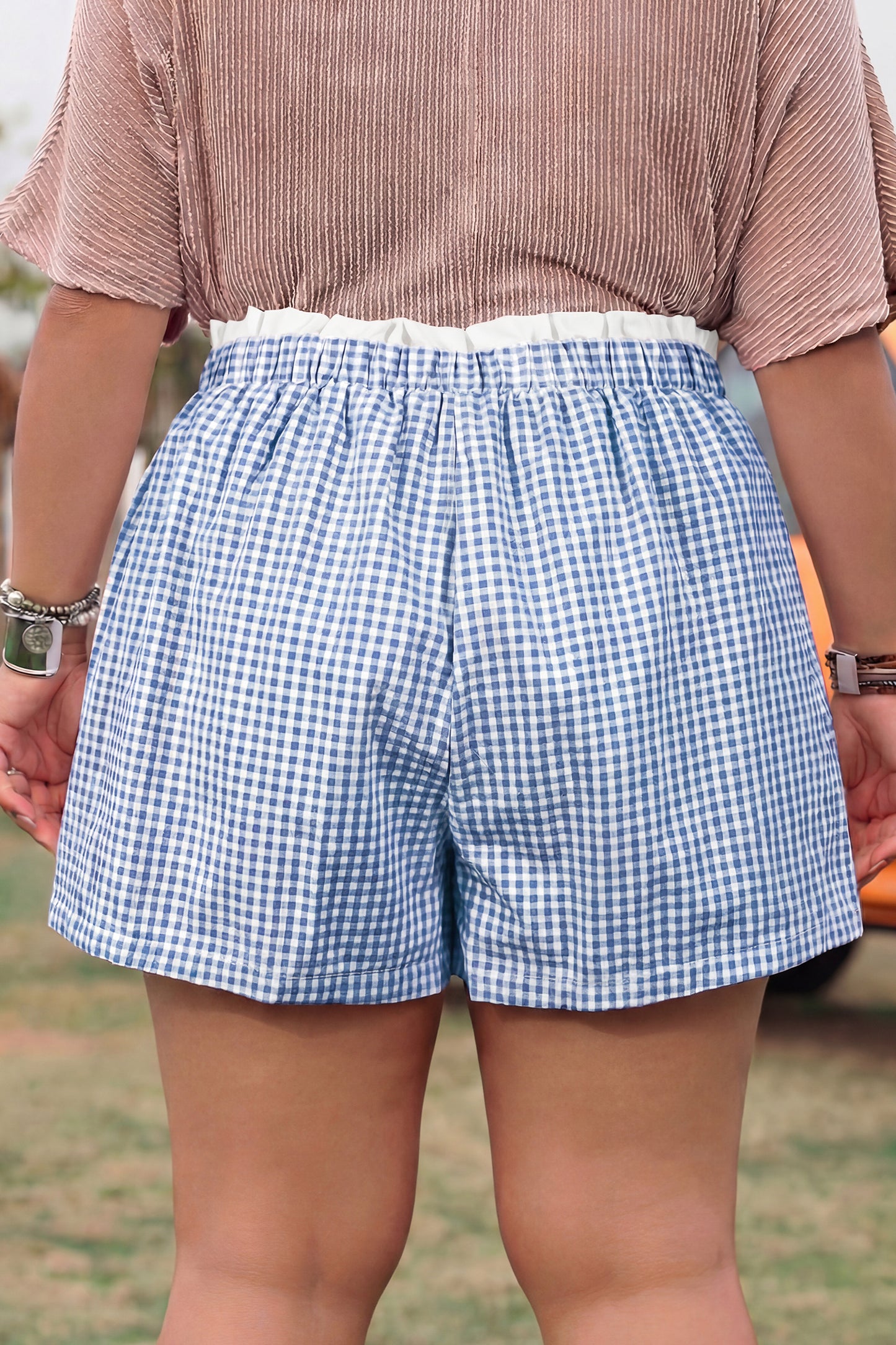 Khaki Contrast Trim Plaid Print Plus Size Shorts