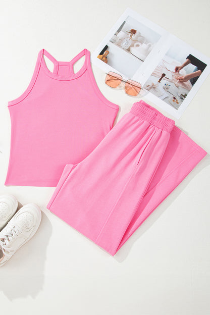 Sachet Pink Slim Ribbed Tank Top and Sweatpants Set