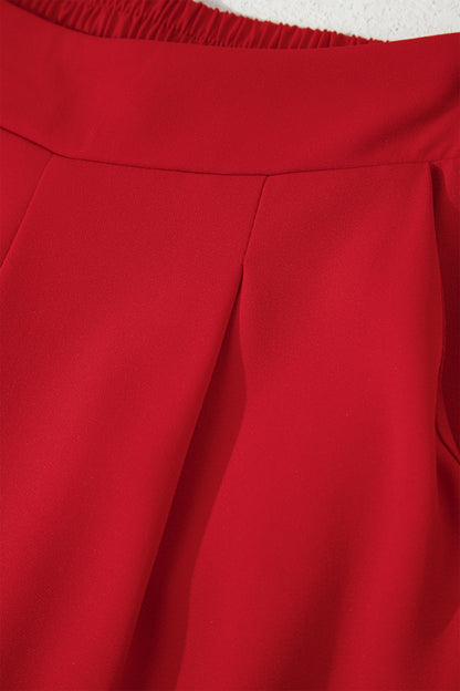 Fiery Red Pleated Detail Pull On High Elastic Waist Loose Straight Pants