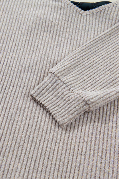 Simply Taupe Ribbed V Neck Contrast Ribbon Bow Back Drop Shoulder Long Sleeve Top