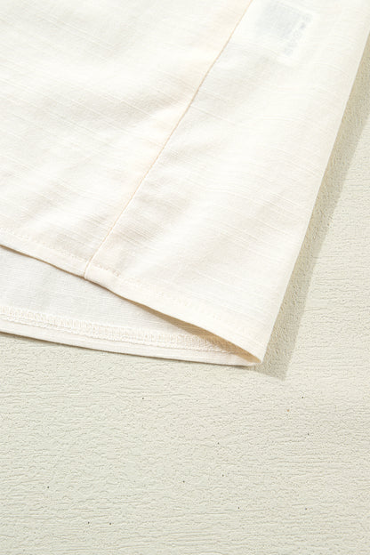 Beige Contrast Color Trim Button Down Long Puff Sleeve Shirt