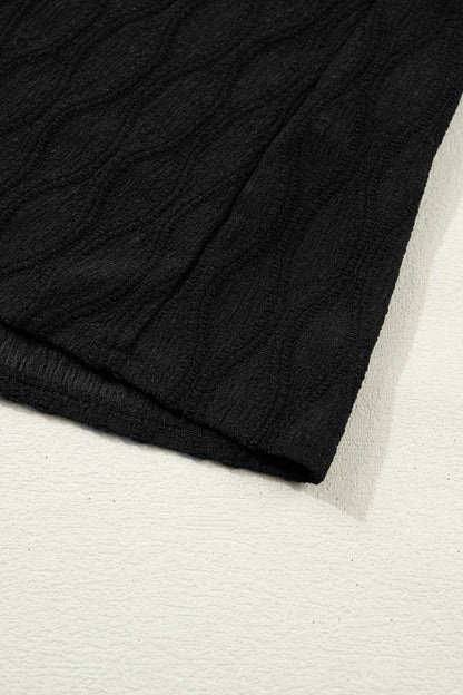 Beau Blue Solid Color Textured Notched Neck Puff Sleeve Blouse