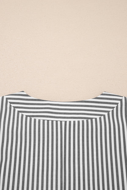 Black Stripe Plus Size V Neck Roll-tab Short Dolman Sleeve Blouse