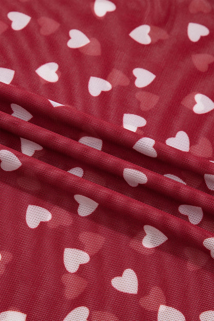 Racing Red Allover Heart Print Mesh Short Sleeve Top