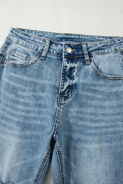 Myosotis Raw Hem Ripped Open Knee Fit Flare Jeans