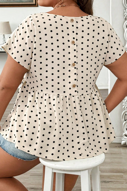Apricot Plus Size Polka Dot Print Button Detail Short Sleeve Babydoll Blouse