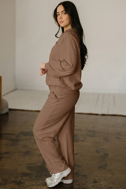 Dark Khaki Polo Collar V Neck Pullover and Drawstring Sweatpants Set
