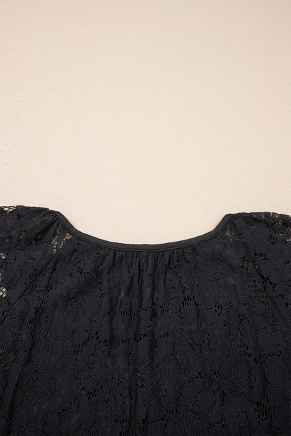 Black Floral Lace Overlay Tassel Tie Short Sleeve Beach Vacation Loose Maxi Dress