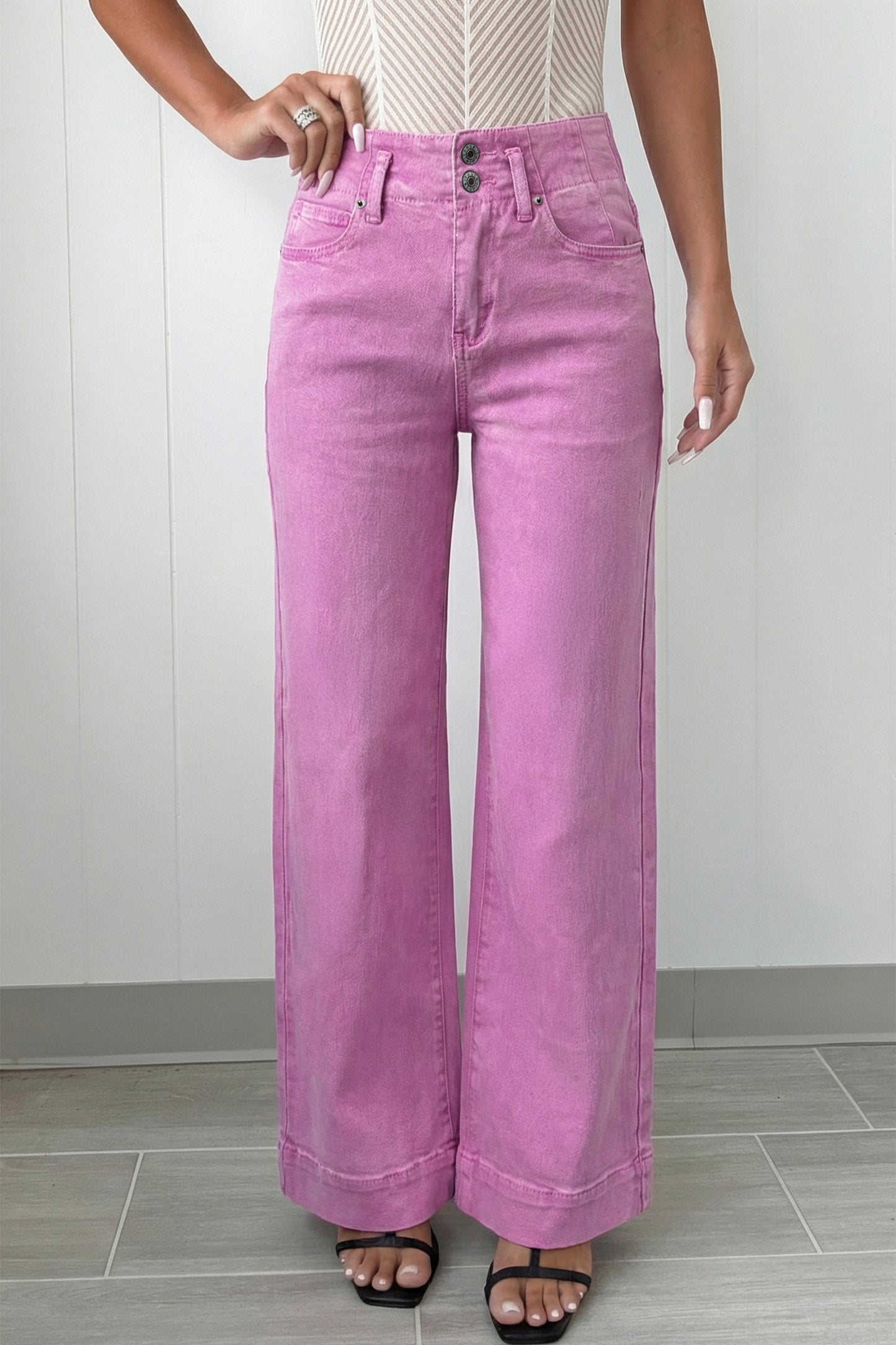 Mist Green 2-Button High Waist Flared Bottom Jeans