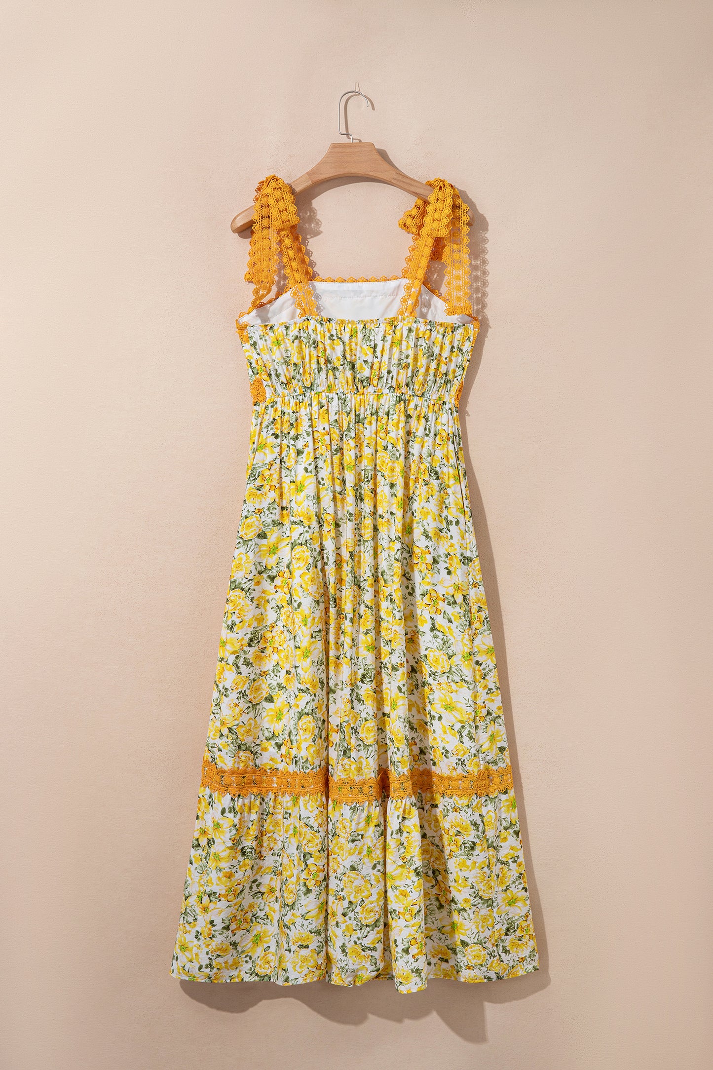 Banana Cream Floral Lace Tied Strap Empire Waist Maxi Dress