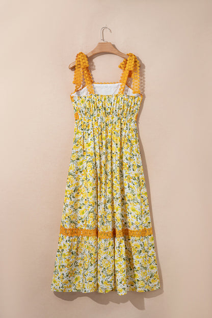 Banana Cream Floral Lace Tied Strap Empire Waist Maxi Dress