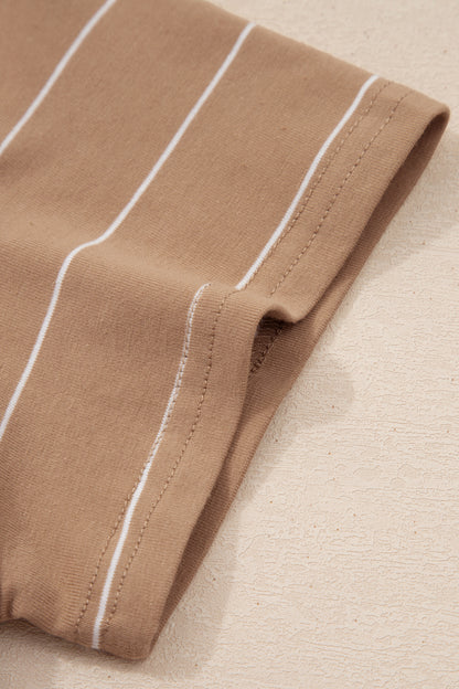 Khaki Stripe Casual Short Sleeve Side Slit Maxi T Shirt Dress