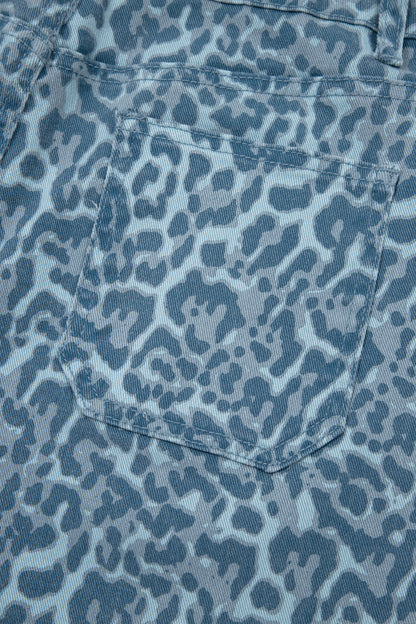 Gray Leopard Frayed Edge Wide Leg High Waist Jeans