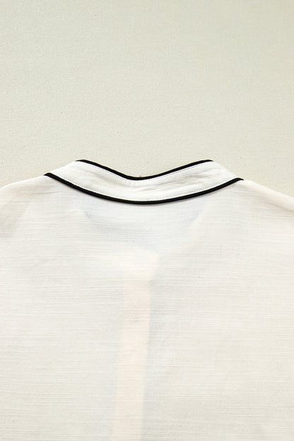 Beige Contrast Color Trim Button Down Long Puff Sleeve Shirt